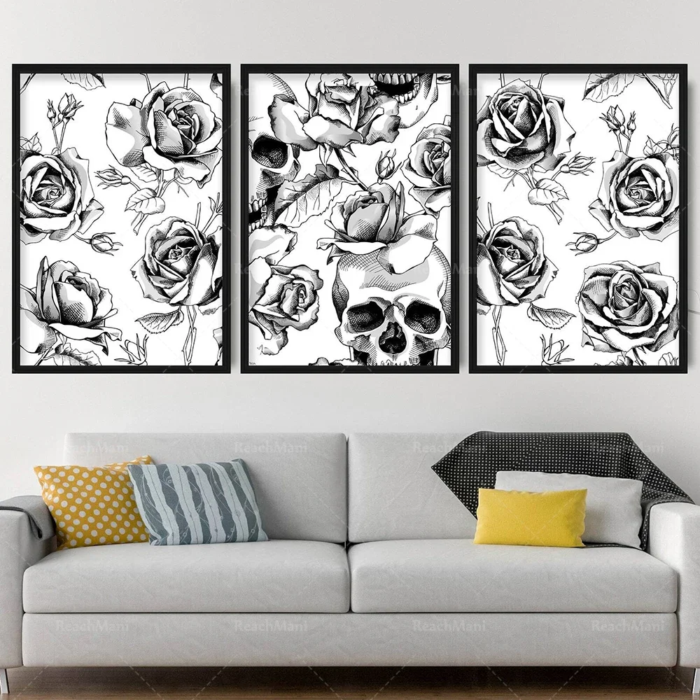 Black and gold, army blue, gray floral pattern abstract rose skull flower art print picture gallery wall poster gift