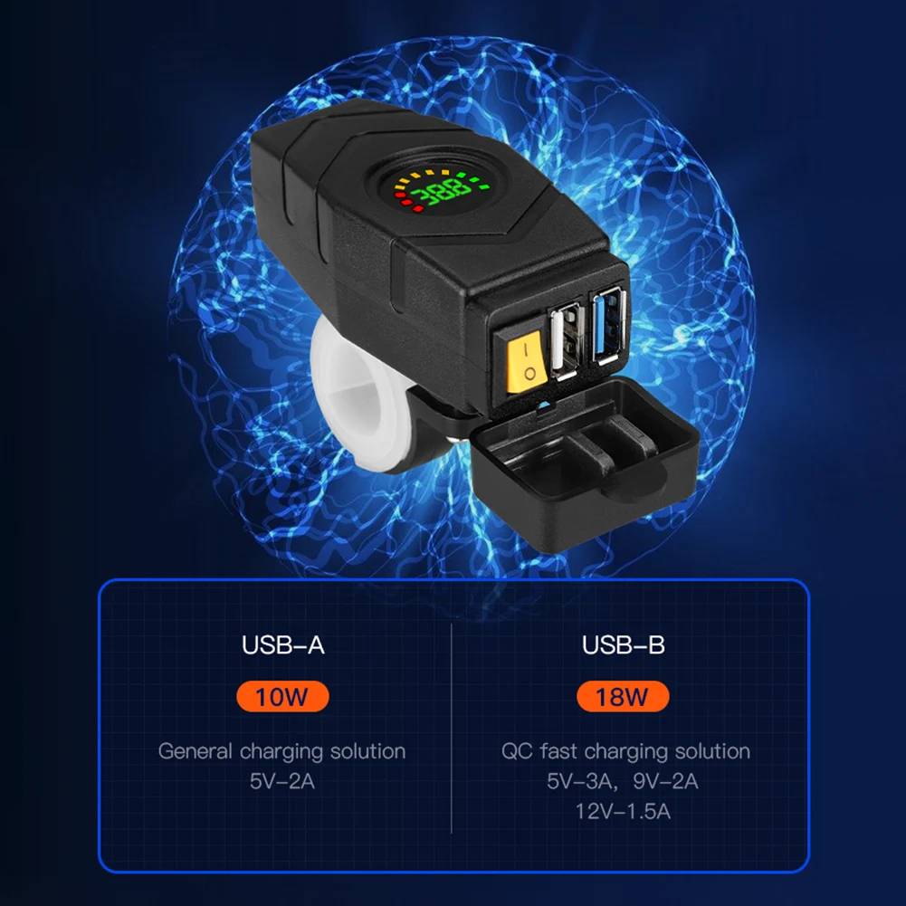 28W QC3.0 Quick USB Charger Waterproof 20V-90V Electric Bike Motorcycles 36V 48V 72V Voltmeter Switch With Protective Cover