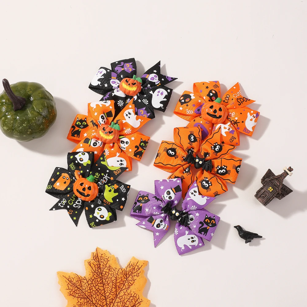 3-6 Teile/satz Halloween Nacht Kinder Bögen Haar Clips für Frauen Mädchen Drucken Handgemachte Kürbis Haarnadeln Party Exklusive Haar zubehör