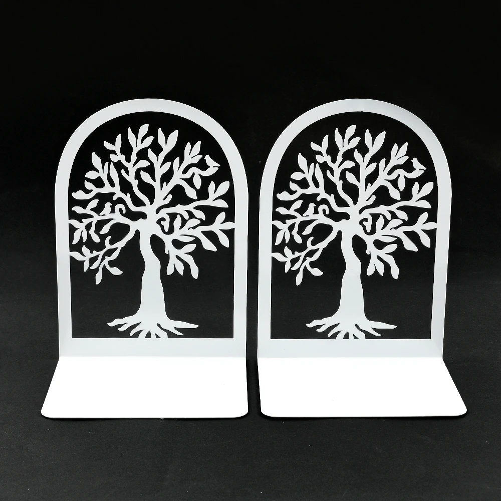 2 Pcs White Tree of Life Desktop Book Ends Office Desktop Home Bookend Gift for Book Loves Heavy Duty Iron Book Rack