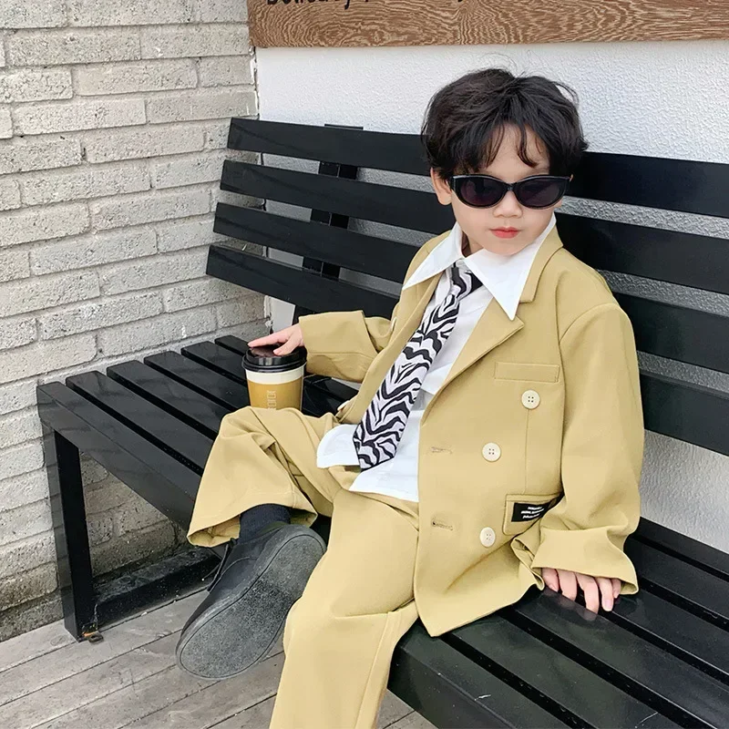 Boys Suit Spring Autumn Children School Uniform Casual Blazer Trousers 2 Piece Black Kids Wedding Clothes Set Compere Costume