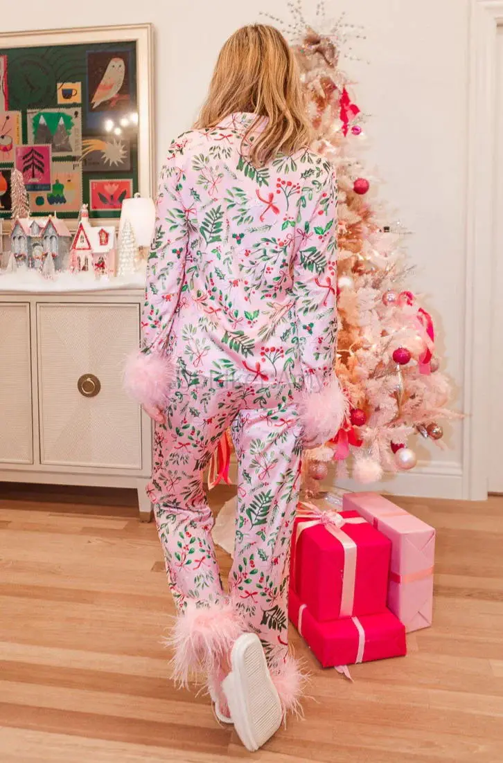 Womens Christmas Pajamas Sets Long Sleeve Button Down Fur Trim Shirt Matching Pants 2 Piece Lounge Set