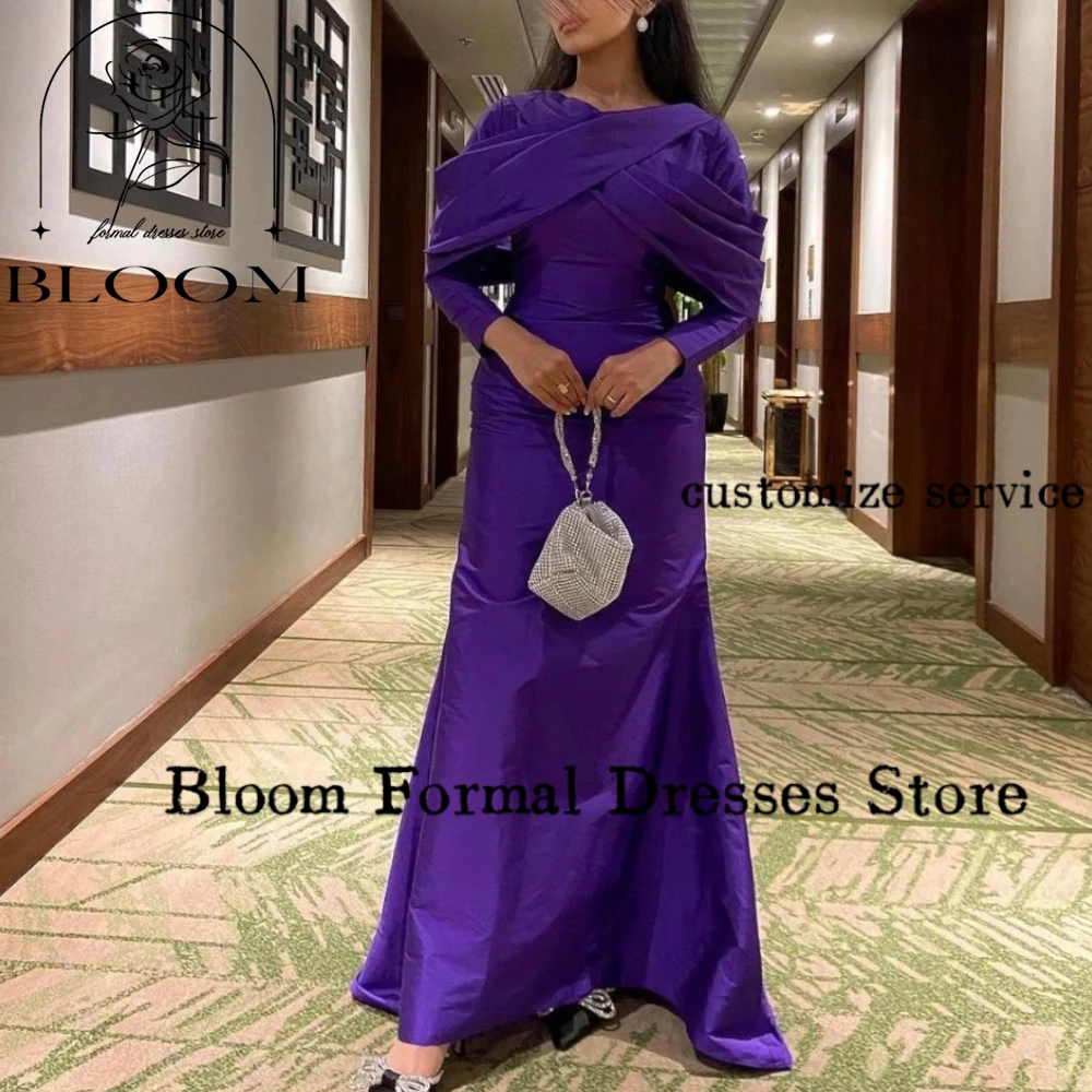 

Bloom Purple Customized Taffeta Evening Dresses Long Sleeves Cross Ruched Arabia Elegant Formal Wedding Party Dresses For Prom