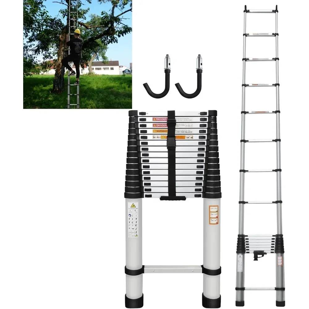 Portable Telescoping Ladder, 20.5ft/6.2M Folding Ladder Expandable Ladder with 2 Detachable Hooks Anti-Slip Rubber