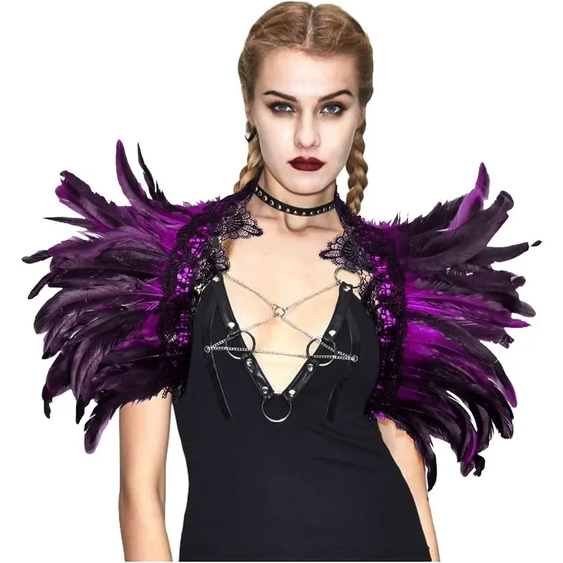 Gotycka peleryna z naturalnych piór szal na ramię koronkowy kołnierzyk Halloween zła królowa kostiumy dla kobiet