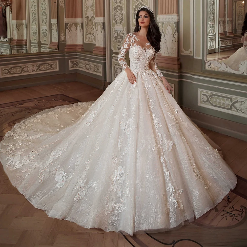 Robe De mariée à manches longues, avec traîne dans la chapelle, en paillettes et perles