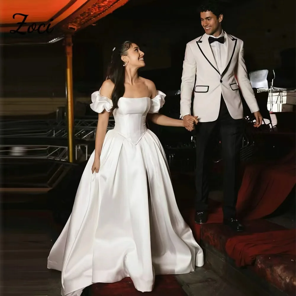 

Zoci Long A Line Vestidos De Fiestas Elegantes Mujer Short Puff Sleeves Satin Wedding Dresses Backless Party Gowns Customized