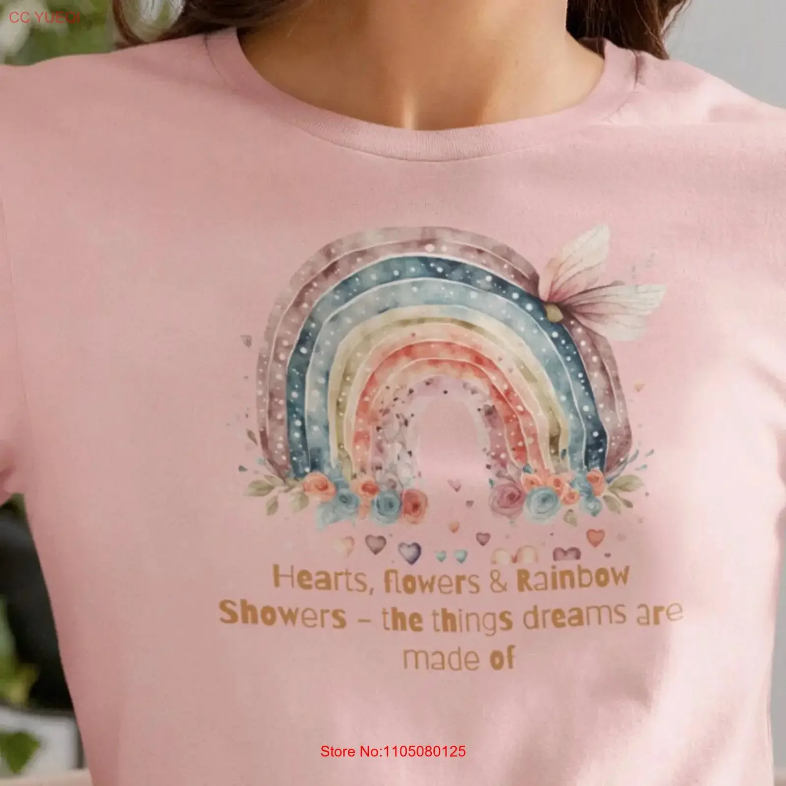 Camiseta con corazones, flores y duchas de arcoíris, camiseta para mujer, desempañante, feliz, colorido, sueños paranormales, bonito, vintage, lavado