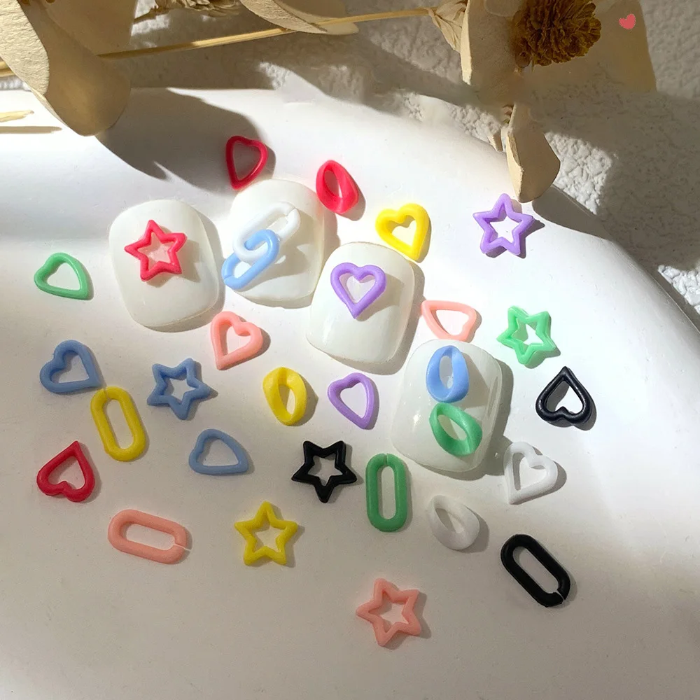 50pcs Mixed Color Hollow Nail Art Charms 3D Macarone Stars Heart Chain Nail Accessories French Lovely Rhinestones Manicure Parts