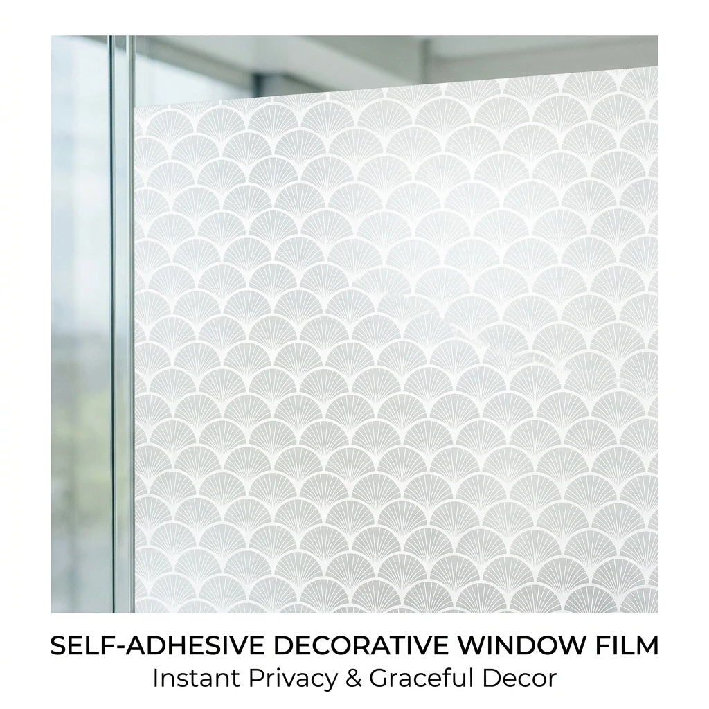 Frosted Privacy Glass Window Film Self-Adhesive Fan Scale Pattern Anti-Peep Decorative Sticker for Home Bathroom