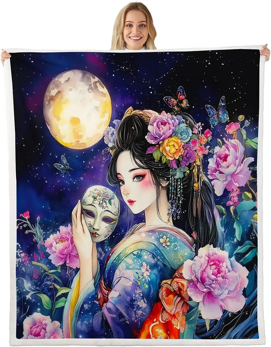 Japanese Geisha Girl Throw Blanket,Pink Purple Floral Blankets,Moon Starry Sky Night Fleece Blanket for Kids Girls Woman Adult