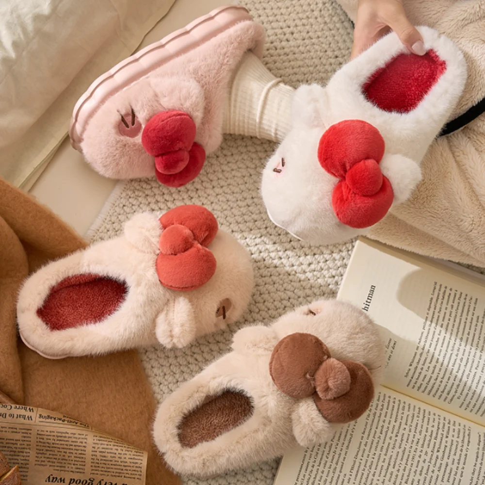 

Kawaii Cartoon Plush Slippers Bowknot Non-slip Thick Warm Slippers Home Shoes Floor Shoes Coral Fleece Slippers Winter