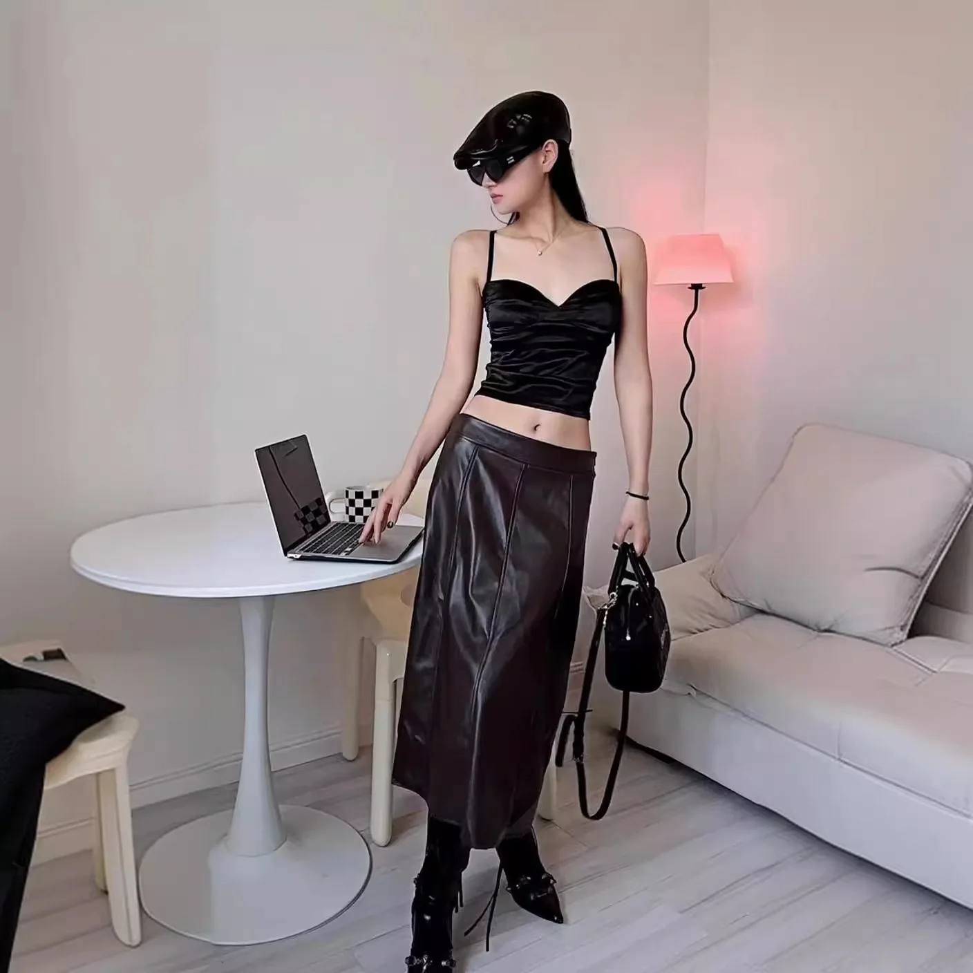 PU-leren rok A-vormige damesrok Nieuwe lange rok met hoge taille Paraplurok