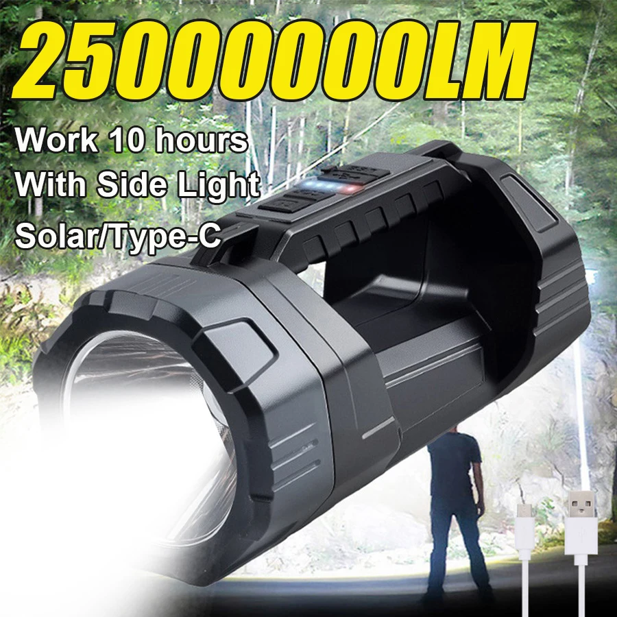 

25000000LM светодиодный портативный фонарь на солнечной энергии с фонариком COB водонепроницаемый фонарик для наружного кемпинга, рыбалки, патруля