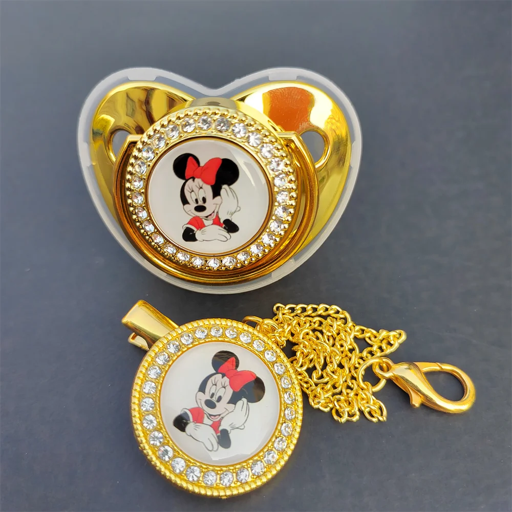 Mickey Minnie Mouse Daisy Duck Baby Dummy and Clips Luxury Silver Gold Orthodontic Baby Pacifier Toddler Infant Baby Pacifiers