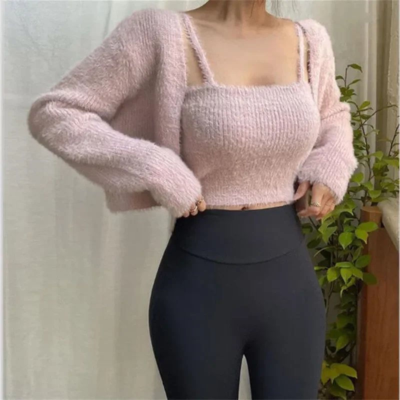 Women Korea Spring Long Sleeve Cropped Knitted Sweater and Vest Set Sueters De Mujer Vetement Femme 2022