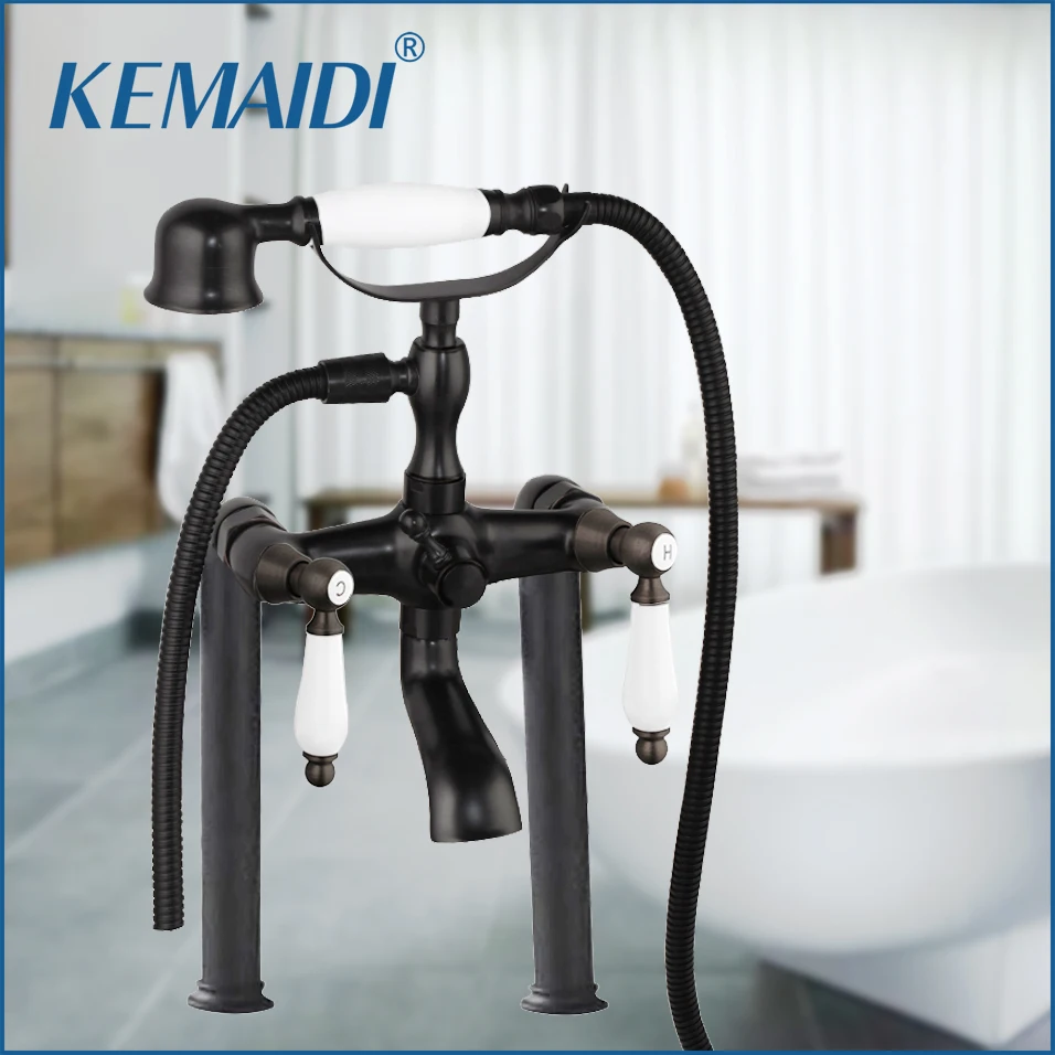 

KEMAIDI Bathroom Basin Sink Faucet Mixer Bathtub Long Leg Deck Mount Double Handles ORB Black Bathub+Handshower Tap