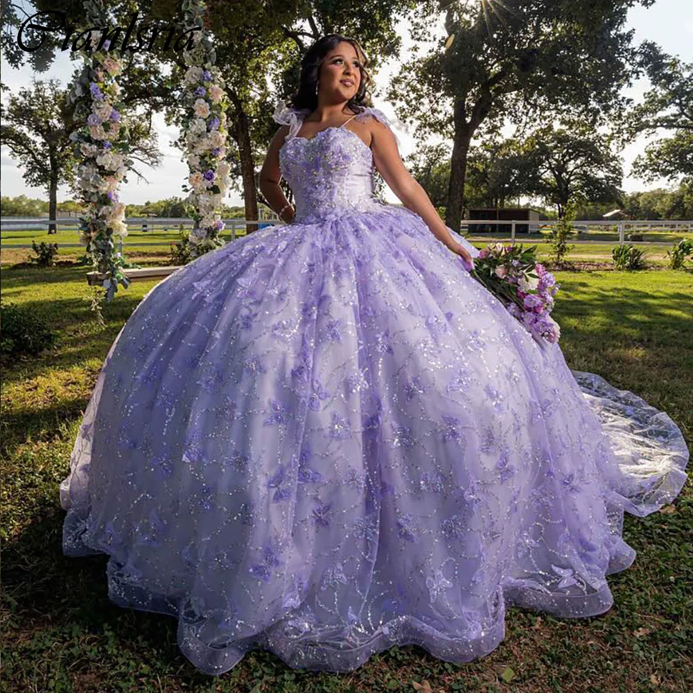 Vestidos lilas De encaje con lentejuelas para quinceañera, corsé con lazo y tirantes finos, mariposa 3D, 15 Años