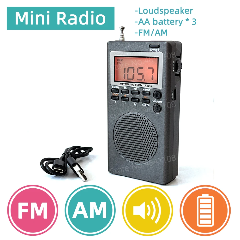 Portable FM/AM Radio Mini Pocket FM AM Digital Receiver 1.8 inch LCD Screen High Sensitivity Roller with Loudspeaker Antenna