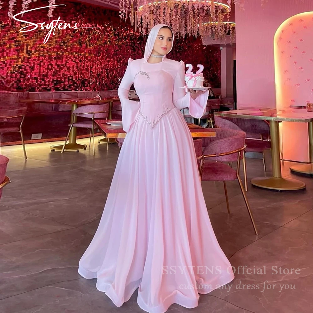 

SSYTENS Розовые вечерние платья Элегантное платье трапециевидной формы с круглым вырезом Скромные платья для выпускного вечера с длинными рукавами Moslim Beads Дубайское платье для выпускного вечера по индивидуальному заказу