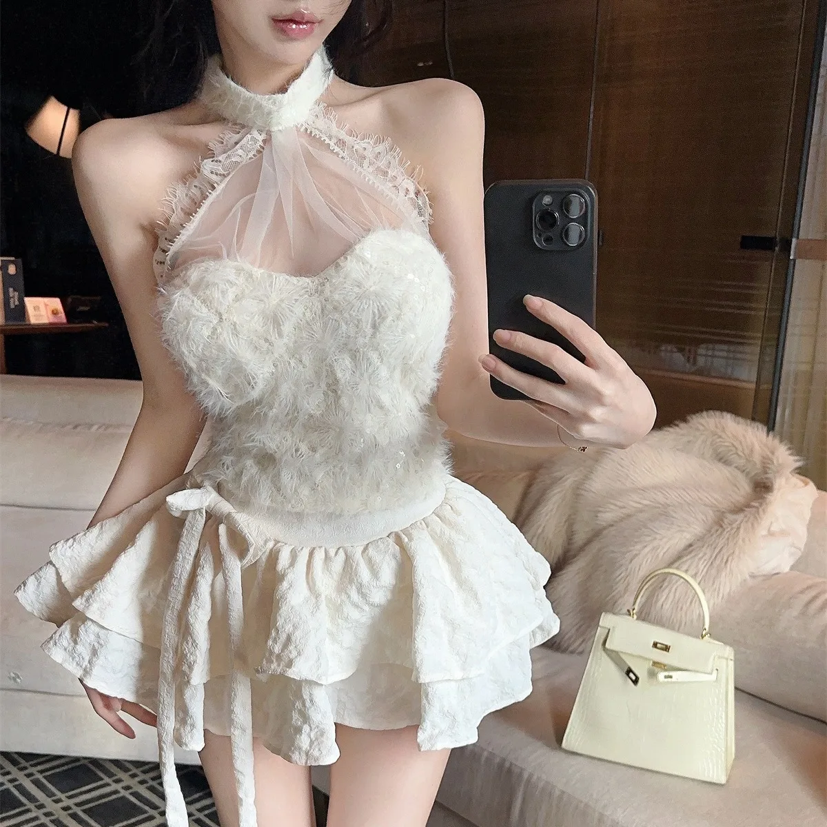 Sweet Mesh Neck Hanging Sequin Short Top And Cake Skirt Women's Autumn Winter New Style Fashion Set Long Sleeve Slim Fit Style