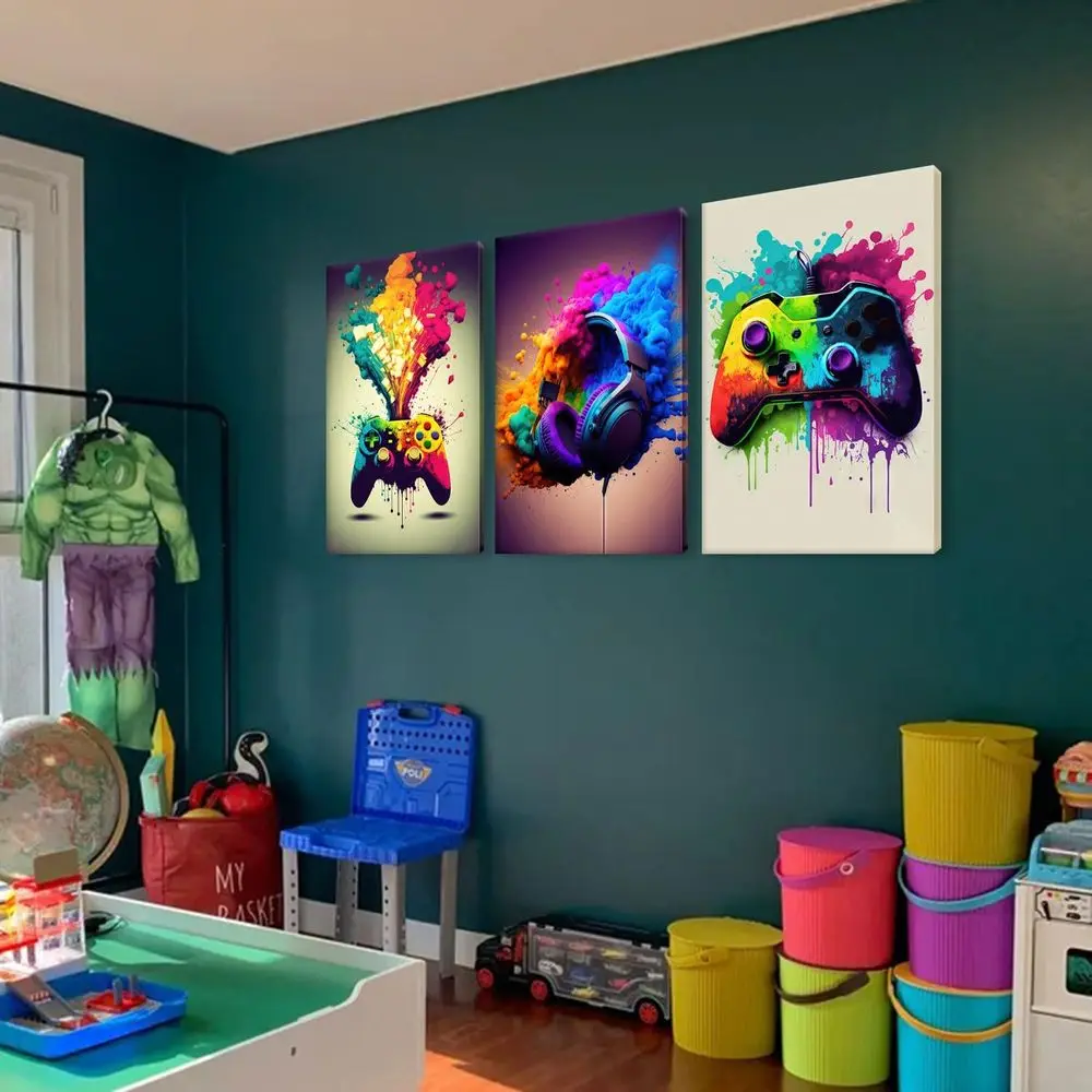 3-Piece Game Room Wall Art: Colorful Video Game Controller & Headphones Neon Prints, 16x24