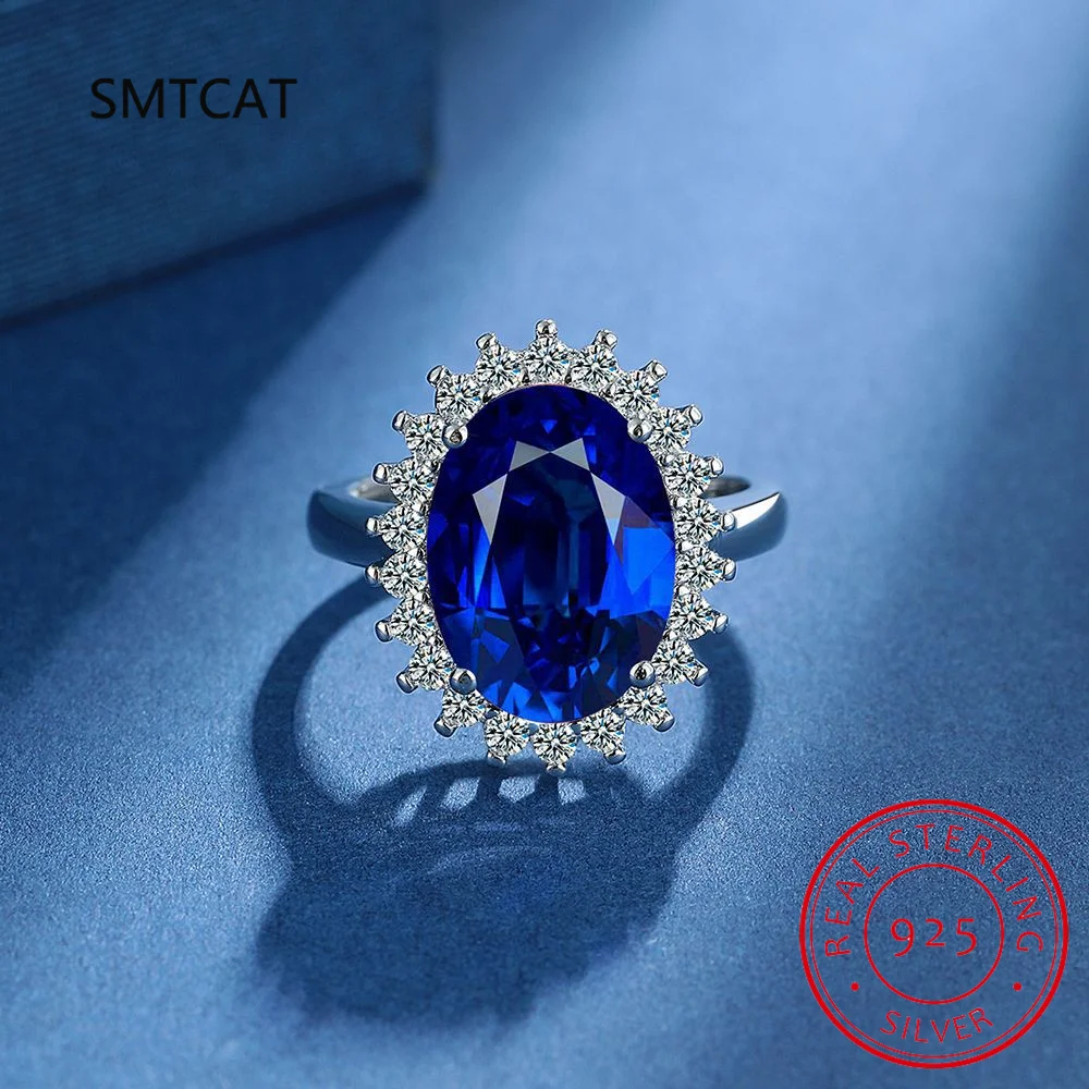 خاتم الأميرة ديانا مكون من الياقوت الأزرق عيار 925 من الفضة الإسترليني قابل للتعديل للنساء مجوهرات كريمة بيضاوية أنيقة هدية زفاف