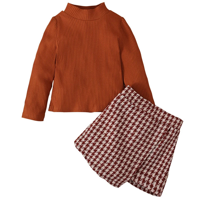 

2Piece Sets Spring Autumn Girls Clothing Sets Fashion Solid Long Sleeve Cotton Baby Tops+Plaid Skirt Kids Boutique Clothes BC154
