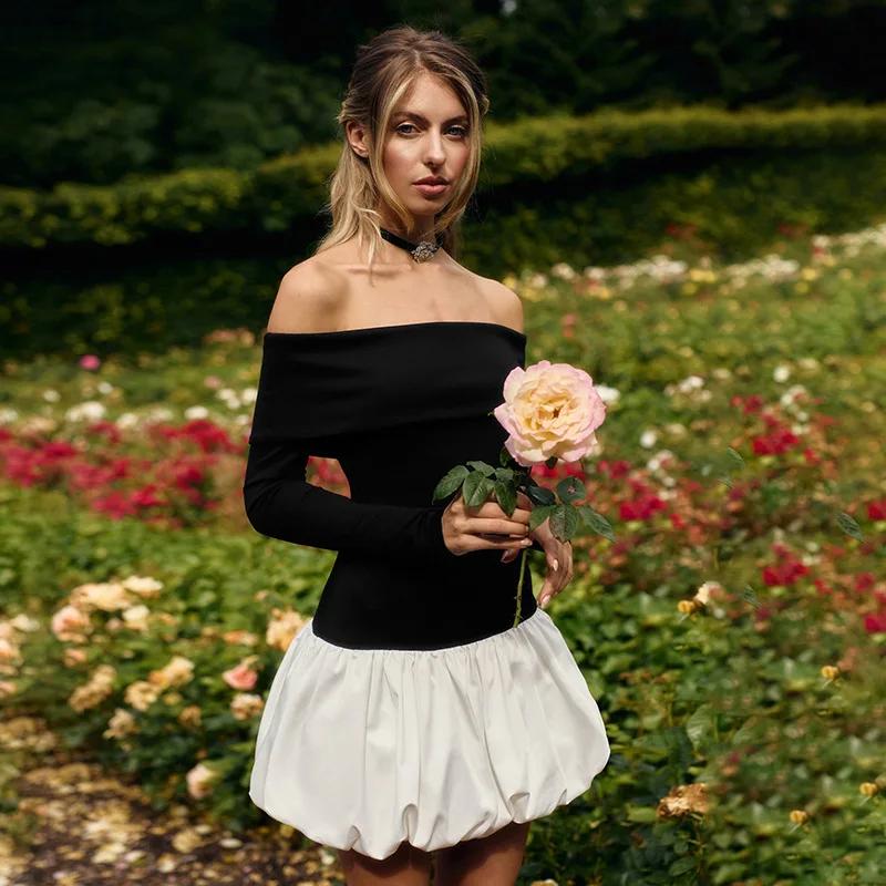 فستان قصير برقبة قارب مرقعة للنساء بأكمام طويلة فستان حفلات للسيدات أسود لحفلات العشاء والولائم فستان قصير ساحر