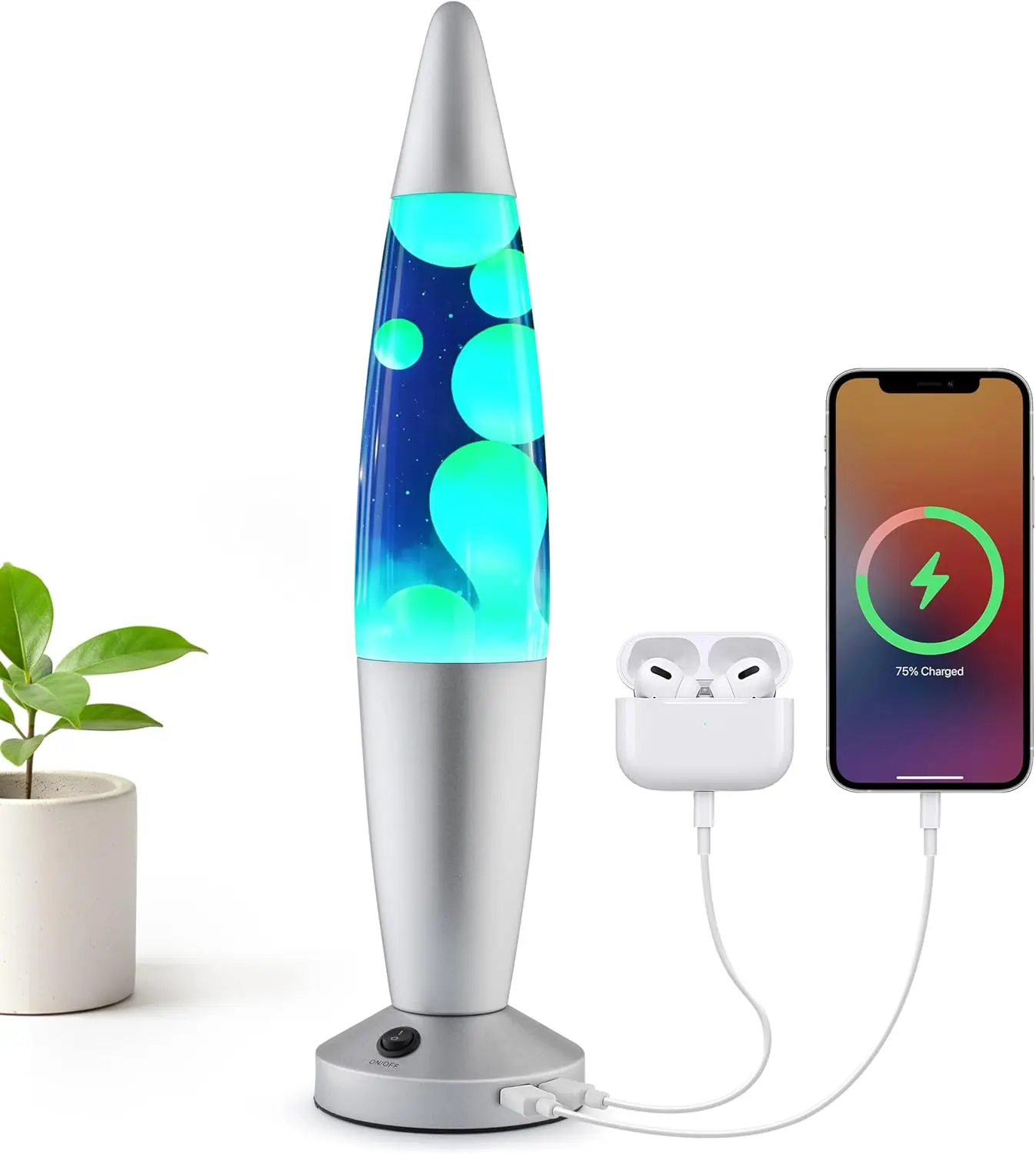 Lampe liquide de mouvement 16 "avec Ports USB, cire jaune liquide bleue, veilleuse relaxante pour chambre à coucher, salon, bureau