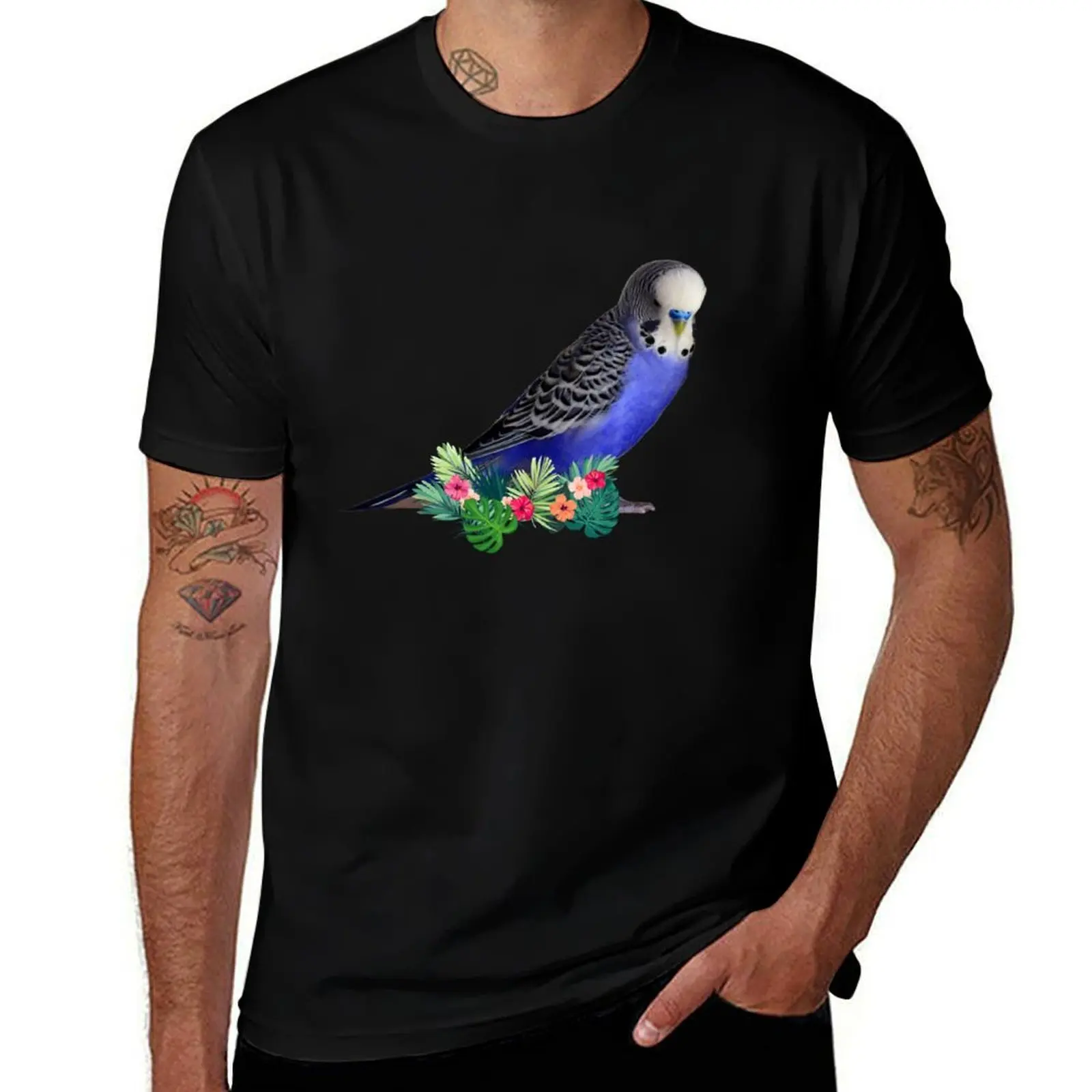 Blue Budgie Parakeet with Tropical Flowers T-Shirt Outdoor Sports Lightweight Tee T-Shirt