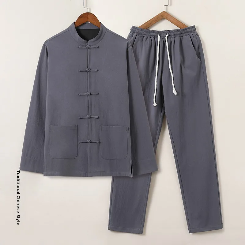 

Мужской повседневный костюм для тай-чи из хлопка и льна, комплект из двух предметов, свободный крой, удобный, для осени, в традиционном китайском стиле: рубашка и брюки