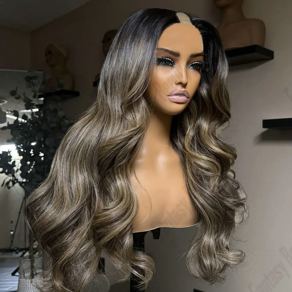 

Ash Blonde Highlight Loose Wave U Part Wigs Human Hair for Black Women 250Density Glueless Clip-in 1*4 Size Opening V Part Wigs