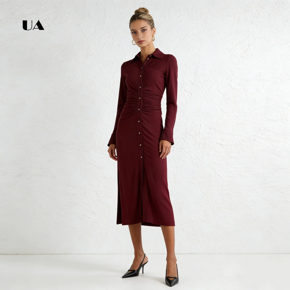 ULBYANRY Abendkleid mit geradem Knopf und langen ausgestellten Ärmeln, solides Abendkleid mit Umlegekragen, einfacher Schlitz, individuelles Partykleid