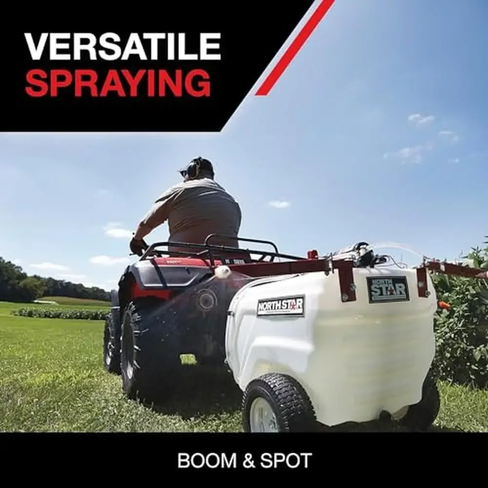 31-Gallon Tow-Behind Boom Sprayer 2.2 GPM 12V DC Open Flow Pump Honeywell MICRO SWITCH Extra-Thick UV-Resistant Tank 70 PSI