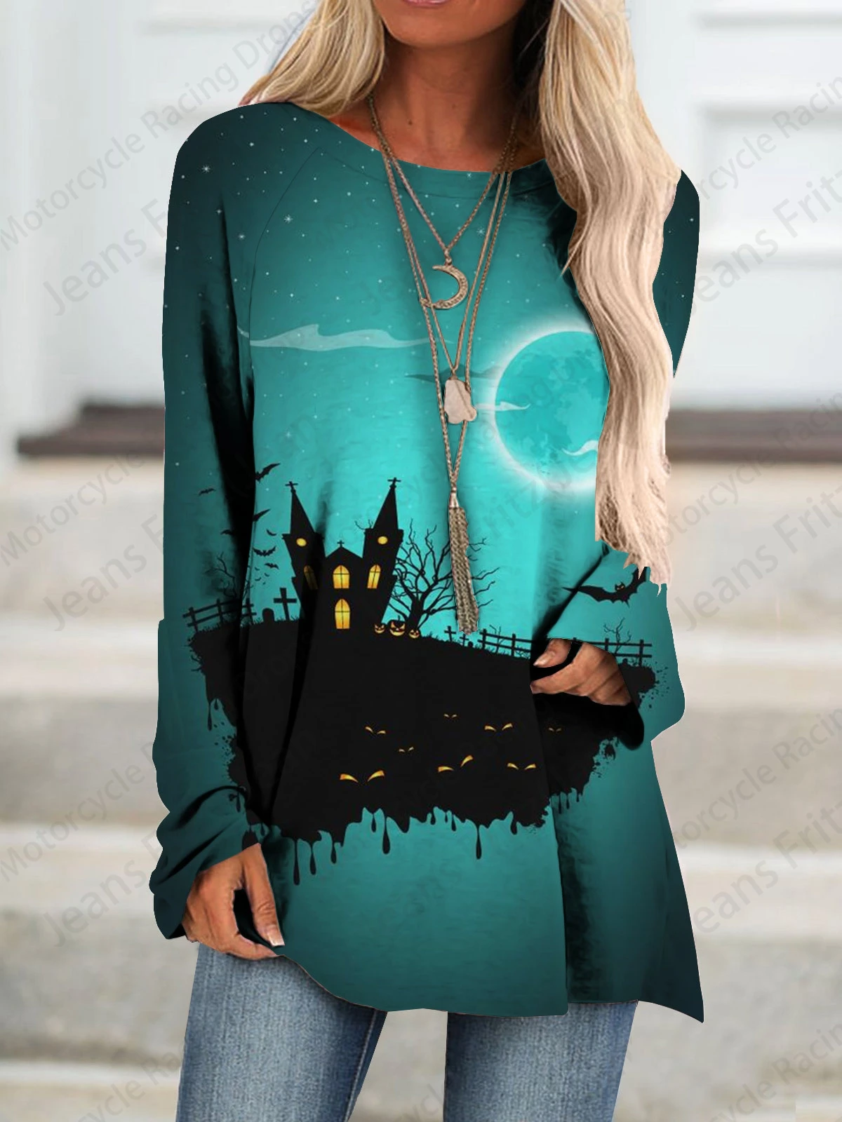 Cartoon Halloween 3d Print Long Sleeve T-shirt Women Fashion Crewneck Long Tunic Tops Women Falls Skull Clothing Femme Tops Y2k