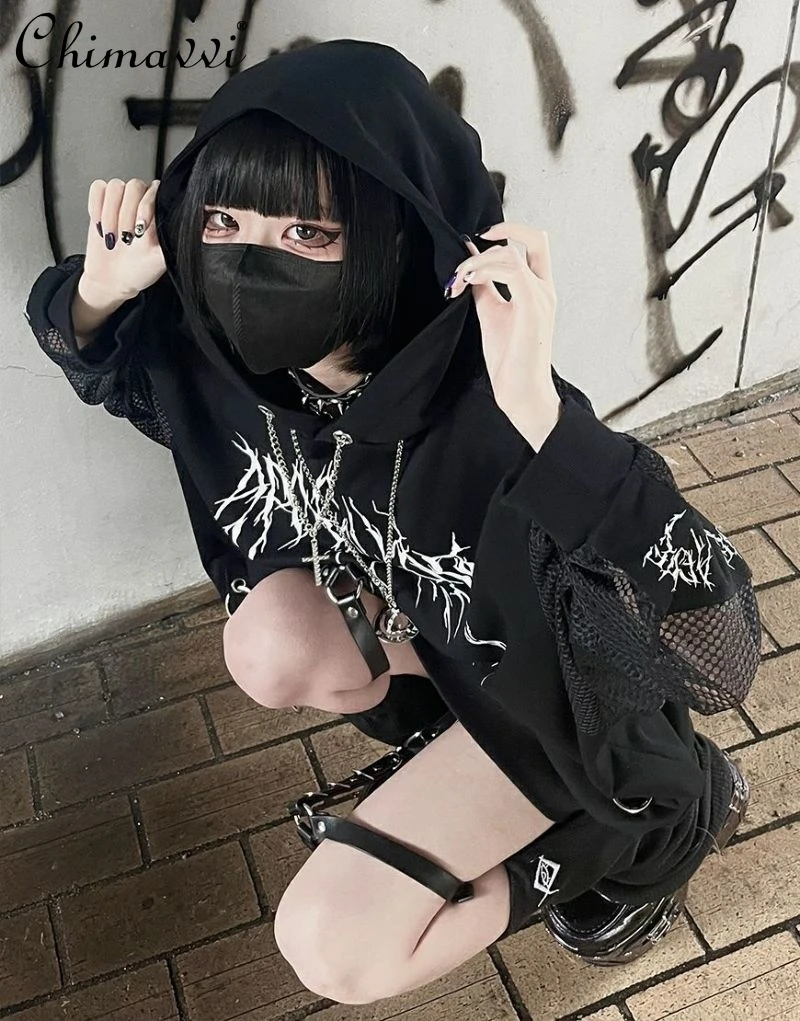 Japanese Mine Dark Goth Punk Style Street Long Sleeve Black Hooded Sweatshirts Loose Mid-Length Pullover Hoodies Coat Women