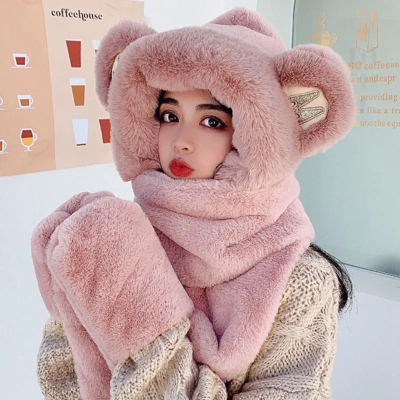 Hat Scarf and Gloves Three-Piece Set Winter Warmth Women's Fashionable Versatile Neckwarmer Korean Style Cute Embroidered Bear