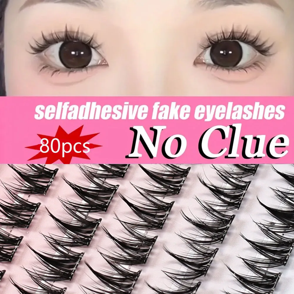 Una caja de 80 pestañas autoadhesivas sin pegamento, rizadas y delgadas en forma de perro, pestañas finas naturalmente espesadas de 12 mm que
