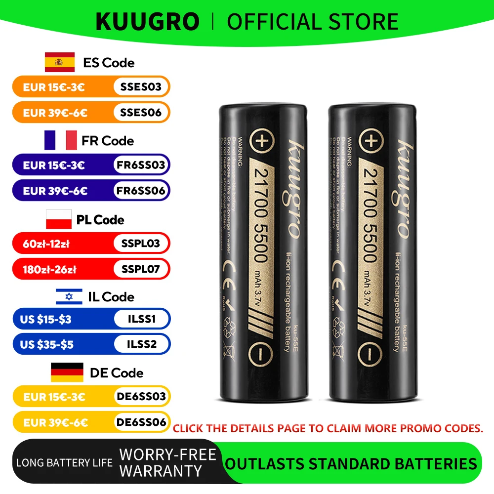 Kuugro ku-55E 21700 5500mAh 3.7V batterie au lithium Rechargeable 2C décharge batteries haute puissance pour appareils haute puissance