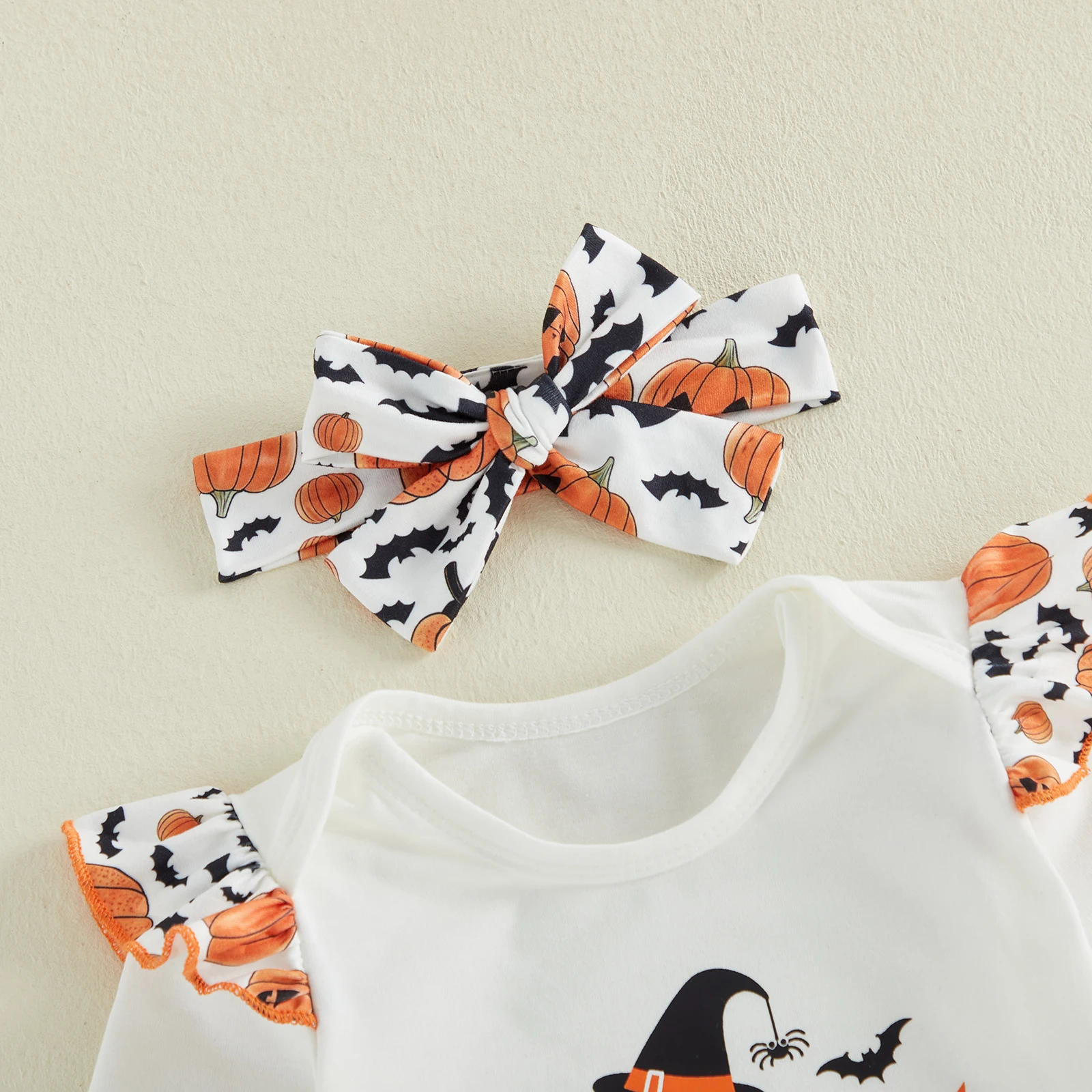 Baby Girl Halloween Outfit Letter Pumpkin Print Crew Neck Long Sleeve Rompers Bell-Bottoms Pants Headband 3Pcs Clothes Set