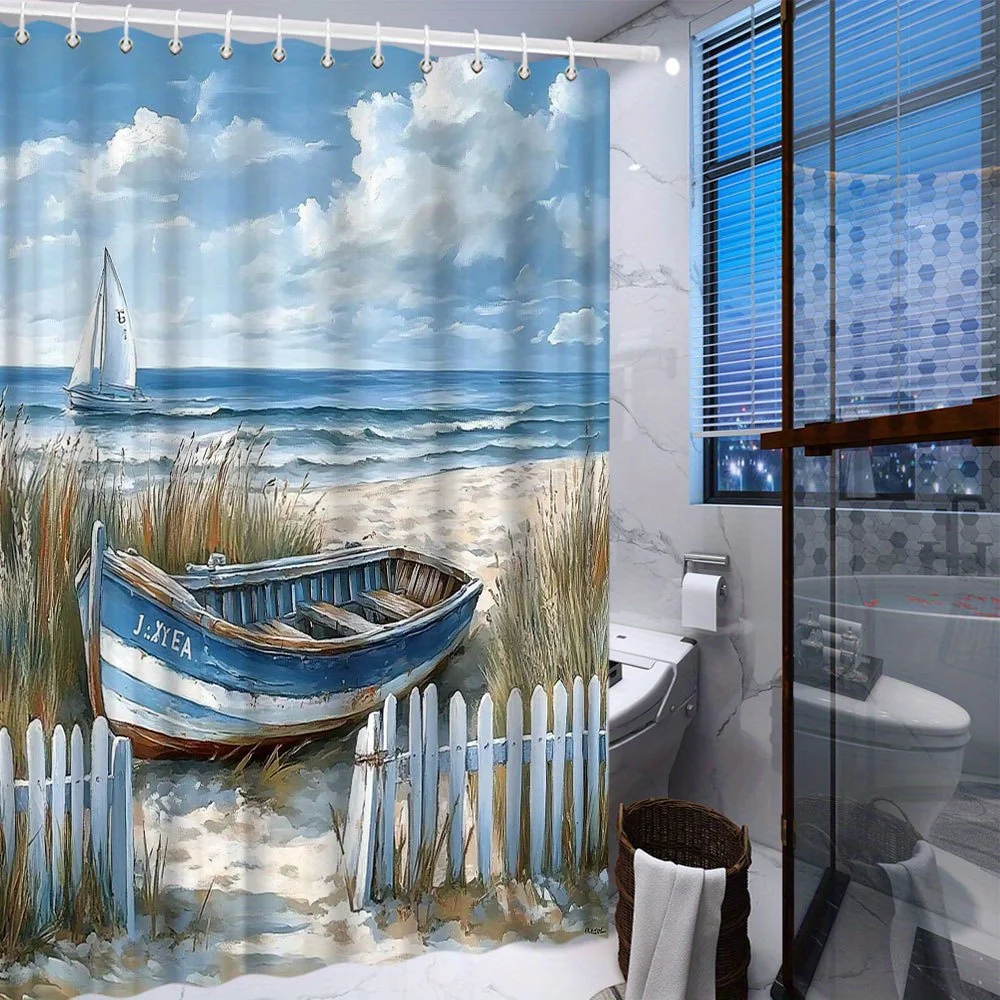 beach boat and sailboat shower curtain coastal watercolor art design for seaside bathroom decor with hooks Elevate Your Space