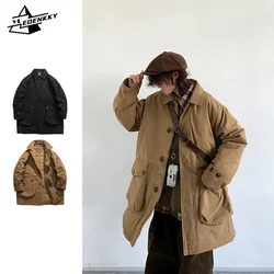 Vintage Midi Parka Men Women Harajuku Large Pocket Warm Cargo Windbreaker Japanese Casual Thickened Loose Cotton Coat Winter New