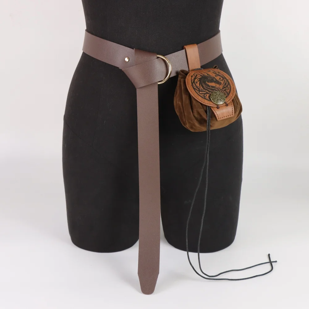 2Pcs Medieval Distressed PU Belt Dragon Drawstring Waist Bag Combo, Vintage Viking Ranger Halloween Cosplay Waist Accessory Set