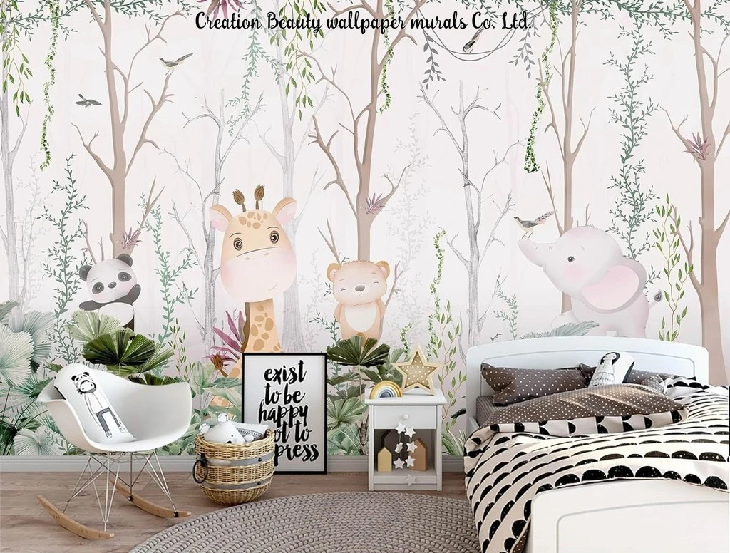 Hand Painted Cute Animal Forest Plant Tree Wallpapers for Kid's Room Papel De Parede Children's Bedroom Decor Mural Papel Tapiz