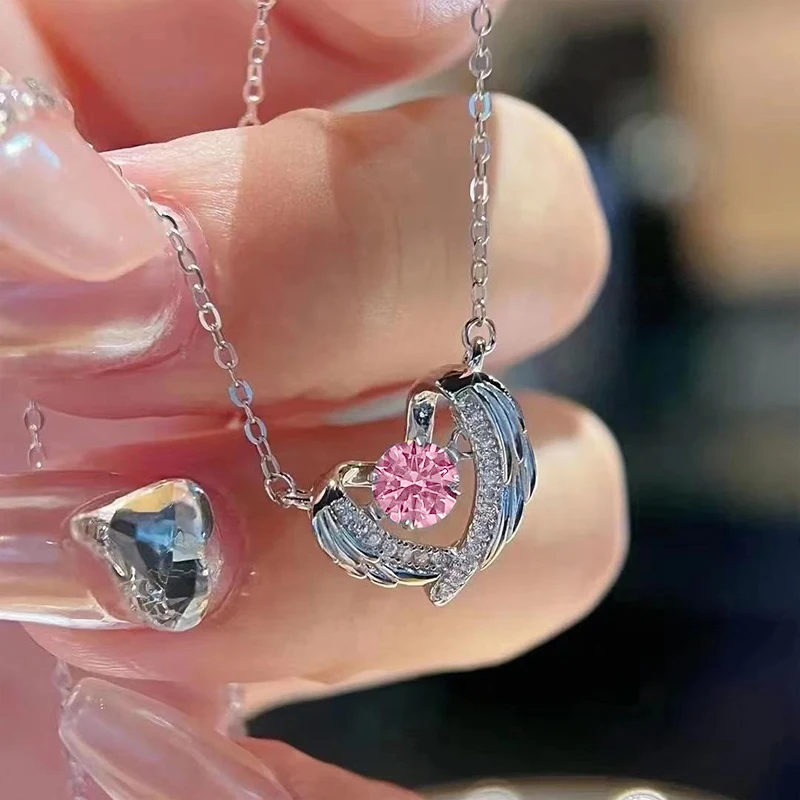 Angel Wings Beating Heart Necklace Lady Sweet Love Jewelry Bright Round Zirconia Pendant Accessories for Wedding Party