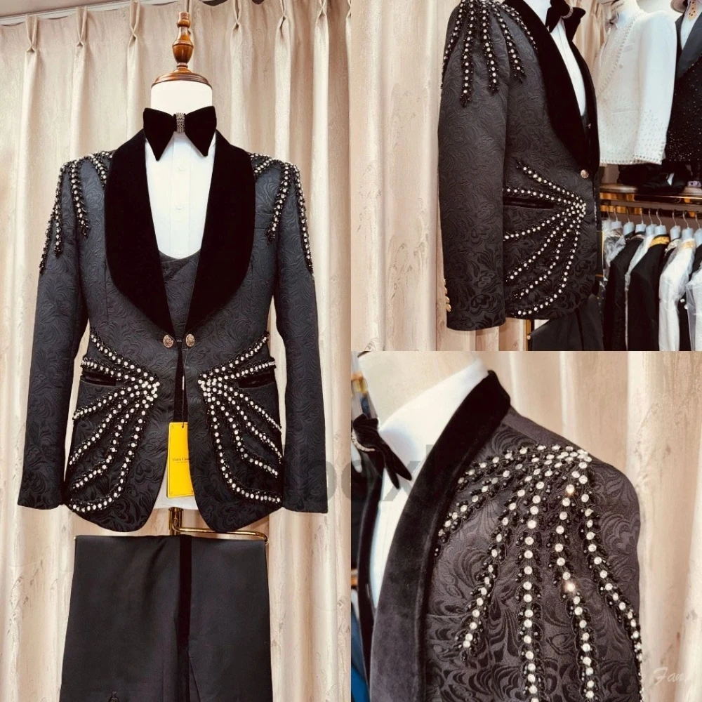 Olibexley Luxury Silver Crystals Beading Men Suits Groom Wedding Tuxedos 3 PCS Sets Prom Blazers Roap Hombre Customized S445