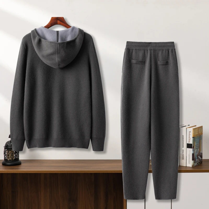 High quality 100% cashmere men's suit hooded collar zipper cardigan jacket knitted pants pocket two-piece set/thick air layer