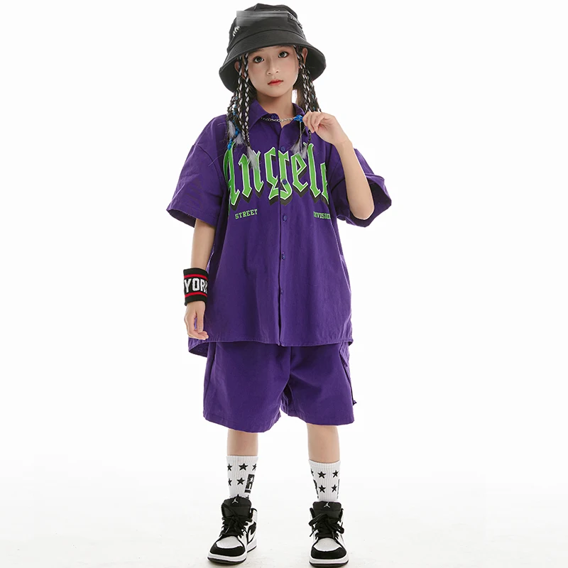 Children Jazz Dance Clothes Hip Hop Loose Shirt Short Sleeves Suit Boys Street Dance Outfit Girls Costume Stage Clothing BL10451
