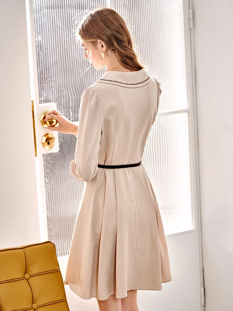 OLrain French Elegant Dress Women 2025 Autumn Embroidery Lapel Belt Long Sleeve Plaid Dresses Simple Female Clothing O21CL36685